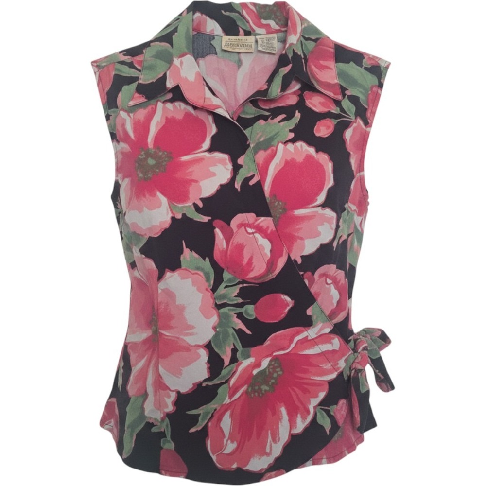 Vintage St Johns Bay Pink Floral‎ Wrap Top Sleeveless Cotton Blend XL Blouse